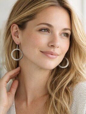 J Jill Silver Tone Hoop Earrings Stamped Floral Boho Sunburst Dangle Coastal NWT